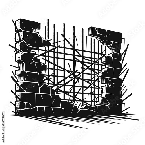 Ruined structure in harsh style in black and white representing decay