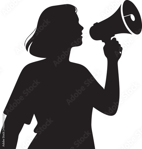 Silhouette of a woman speaking through a megaphone announcing news