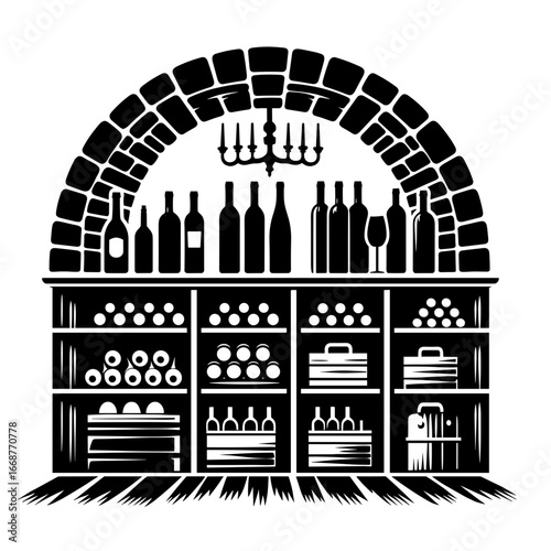Wine cellar illustration in black and white, representing storage