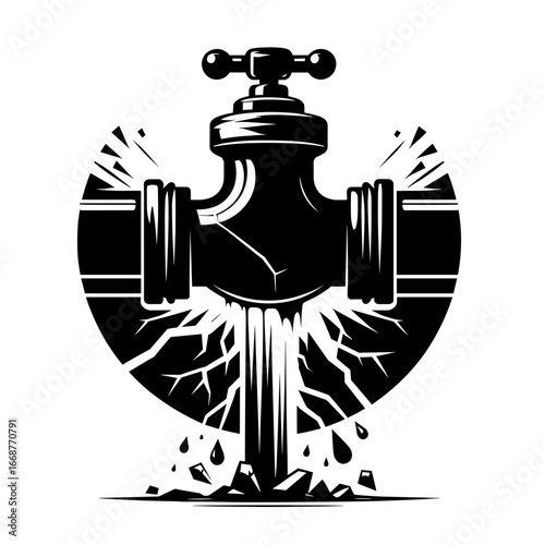 Broken pipe depicts water leak in black and white