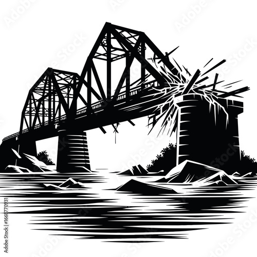 Destroyed bridge silhouette in black and white illustration style