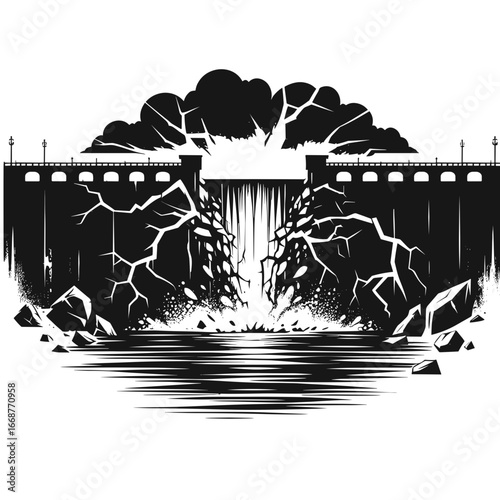 Dam breaking in black-and-white style representing disaster
