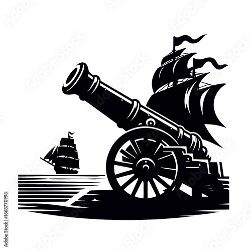 Cannon aiming at sailing ship silhouette in black and white style maritime illustration