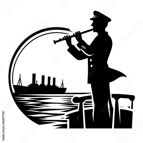 Sailor playing bugle against ship background