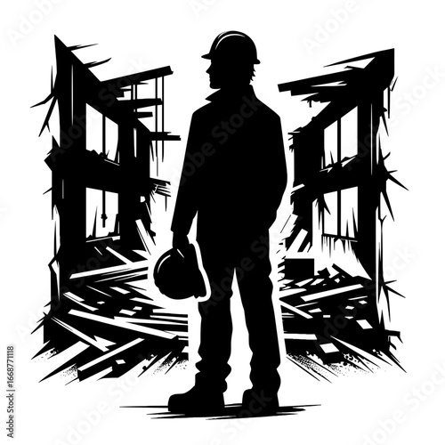 Construction worker walking against building site