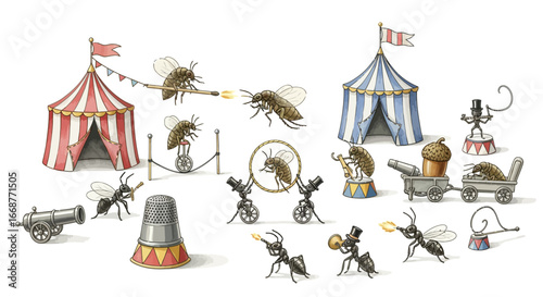 Whimsical circus scene with insects performing stunts and playing music