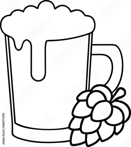 beer mug with foamy head and hops, a traditional Oktoberfest symbol on transparent background.