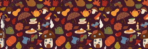 Cozy autumn seamless pattern of various hand drawn mushrooms, pumpkins, mugs, and books, on a dark burgundy background. Ideal for seasonal web banners, digital backgrounds, or fabric.