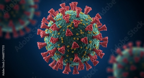3D illustration of coronavirus particle with spikes on blue background  
