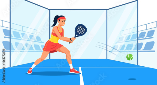 Flat illustration of a female athlete playing padel on a glass-walled court, showcasing focus, agility, and modern racket sports, perfect for fitness, lifestyle, and sports competition themes