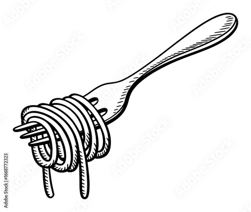 Hand-drawn illustration of spaghetti twirled on a fork