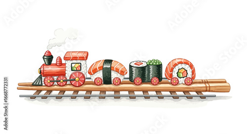 Delightful watercolor illustration showcasing a whimsical train with sushi as its cars, happily traveling on a wooden track, merging Japanese cuisine with playful transportation