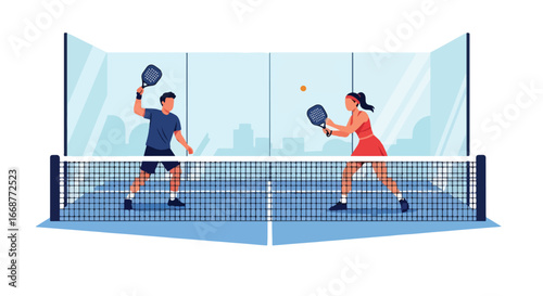 Flat illustration of two athletes playing padel indoors, highlighting fast-paced action, teamwork, and modern racket sports, perfect for fitness, recreation, competition, and healthy lifestyle themes.