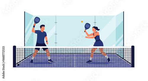 Flat illustration of two athletes playing padel indoors, highlighting fast-paced action, teamwork, and modern racket sports, perfect for fitness, recreation, competition, and healthy lifestyle themes.