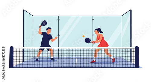 Flat illustration of two athletes playing padel indoors, highlighting fast-paced action, teamwork, and modern racket sports, perfect for fitness, recreation, competition, and healthy lifestyle themes.