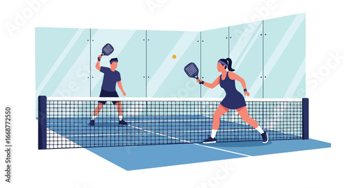Flat illustration of two athletes playing padel indoors, highlighting fast-paced action, teamwork, and modern racket sports, perfect for fitness, recreation, competition, and healthy lifestyle themes.