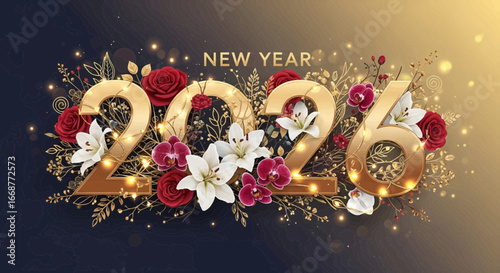 Celebrate the New Year 2026 with stunning golden numbers and vibrant floral arrangements, perfect for elegant greeting cards and festive designs.