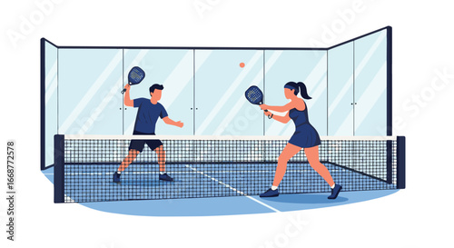 Flat illustration of two athletes playing padel indoors, highlighting fast-paced action, teamwork, and modern racket sports, perfect for fitness, recreation, competition, and healthy lifestyle themes.