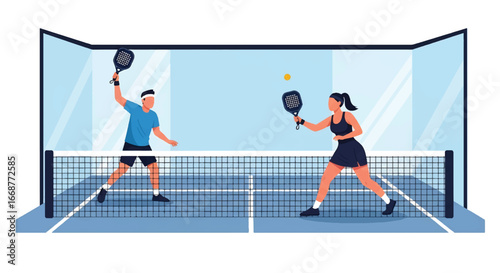 Flat illustration of two athletes playing padel indoors, highlighting fast-paced action, teamwork, and modern racket sports, perfect for fitness, recreation, competition, and healthy lifestyle themes.