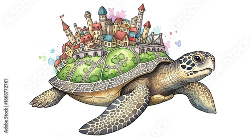 Fantasy Turtle City A whimsical illustration of a turtle carrying a miniature town on its back, blending nature and urban fantasy