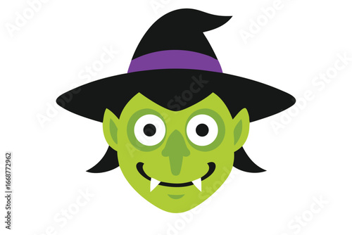 Cute cartoon green witch face with a black hat for Halloween