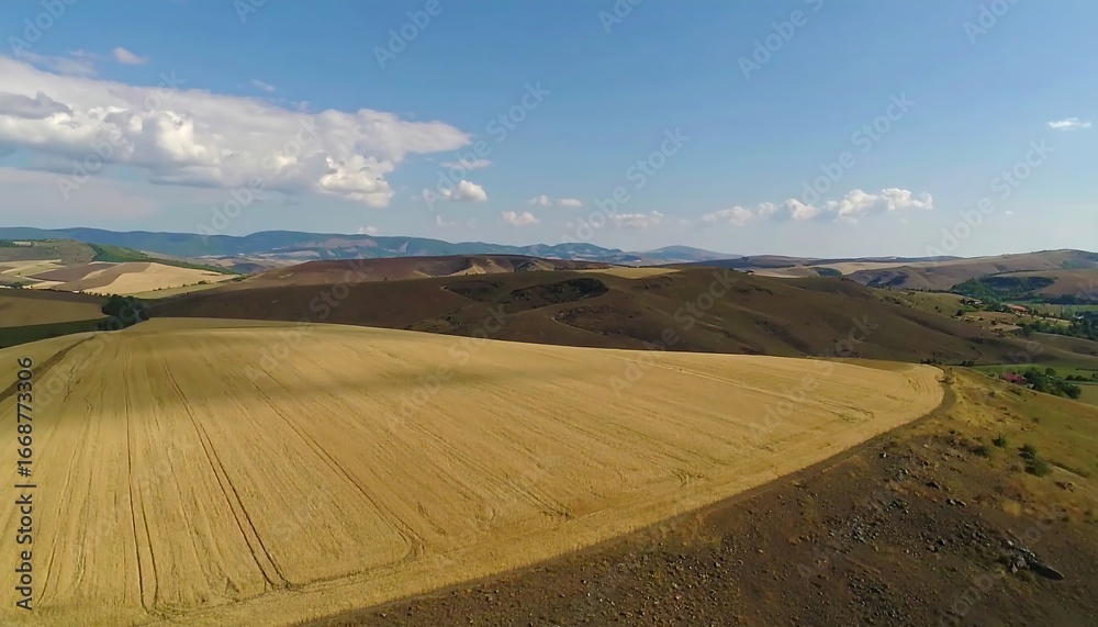 Obraz premium Panoramic view of golden fields and hills