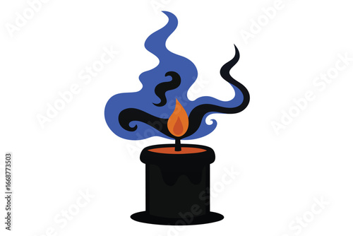Stylized black candle with an orange flame surrounded by blue smoke