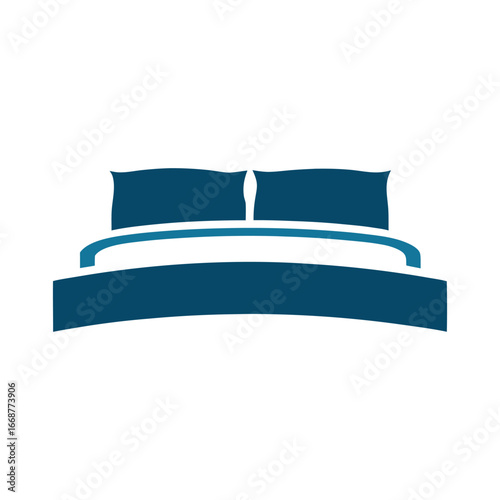 Minimalist Blue Bed Icon with Two Pillows on White Background