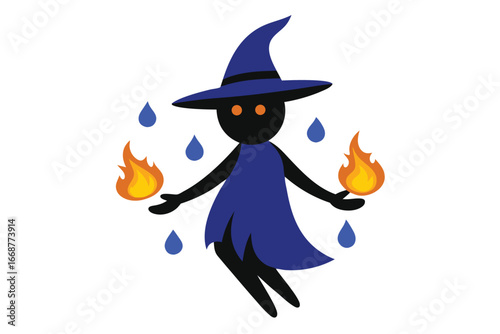 Mystical wizard conjuring fire and rain in a whimsical cartoon world