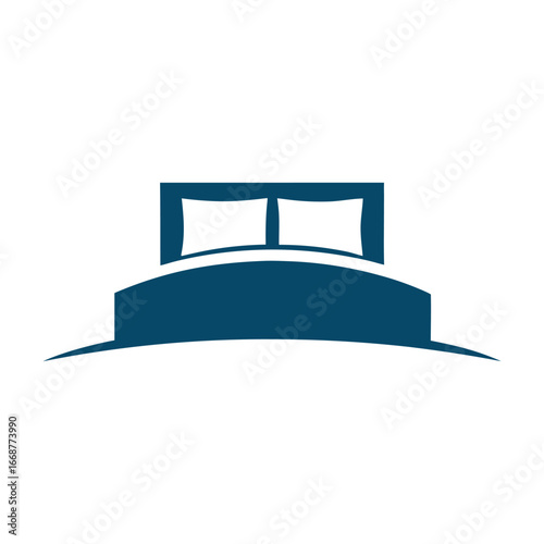 Simple Blue Bed Icon with Two Pillows on White Background