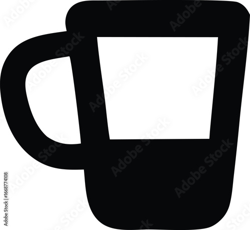 Simple black silhouette of a coffee mug with a handle and a rectangular opening for liquid