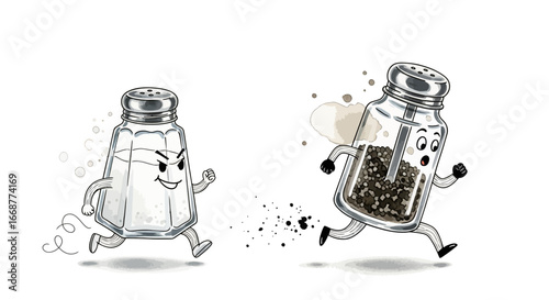 A mischievous cartoon salt shaker playfully chases a surprised pepper grinder in a dynamic and humorous race, illustrating the lively interaction of kitchen seasonings