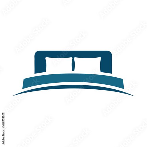 Modern Blue Bed Logo with Two White Pillows