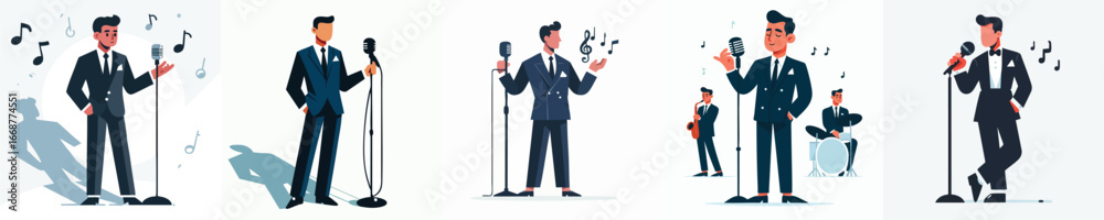 Jazz Singer and Band Vector Set – Male Vocalist with Musicians and Retro Microphones Jazz Singer and Band Vector Set – Male Vocalist with Musicians and Retro Microphones