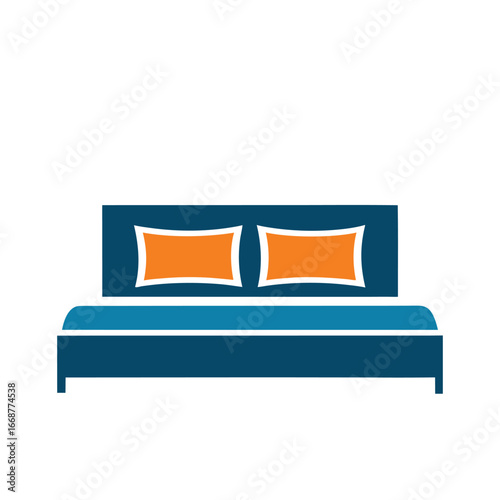 Simple Icon of a Double Bed with Orange Pillows on a White Background