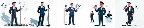 Jazz Singer and Band Vector Set – Male Vocalist with Musicians and Retro Microphones