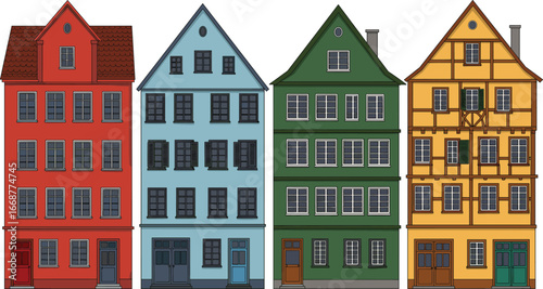 Colorful traditional European houses illustration, vintage architecture facade, charming old town buildings, German-style homes, detailed city street elevation