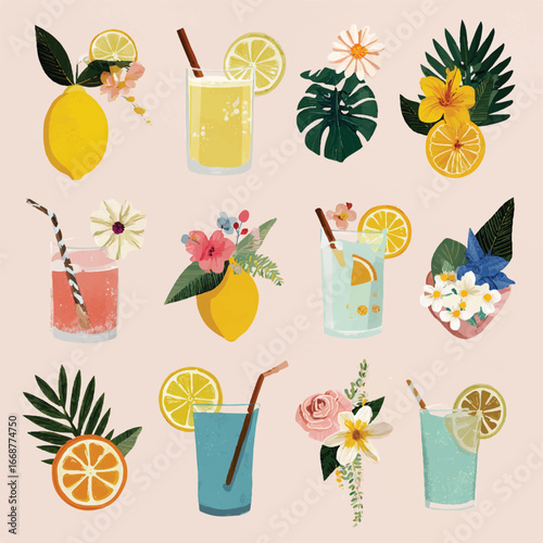 Artistic Summer Drinks Collection Featuring Refreshing Lemonade Cocktails Citrus Fruits and Vibrant Floral Arrangements on a Soft Background