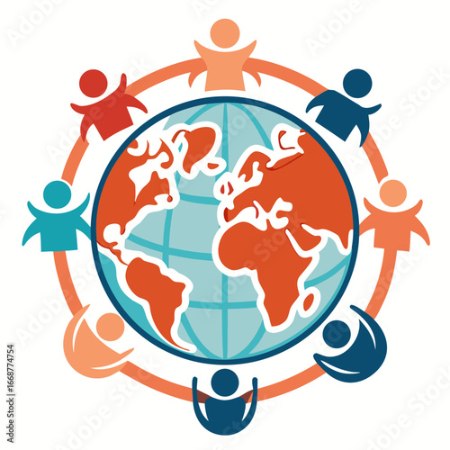 Diverse global community united around the planet showing teamwork, cooperation, and worldwide connection for a brighter future together in harmony.
