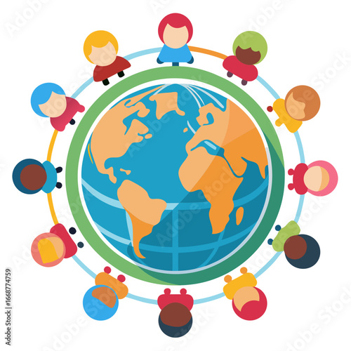 Children of the world united in harmony around a vibrant planet, symbolizing global unity, diversity, and interconnectedness for a brighter future.