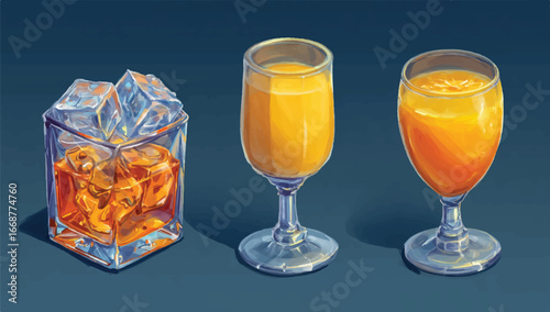 Artistic depiction of three beverages whiskey with ice and two kinds of orange juice for refreshment and beverage concept
