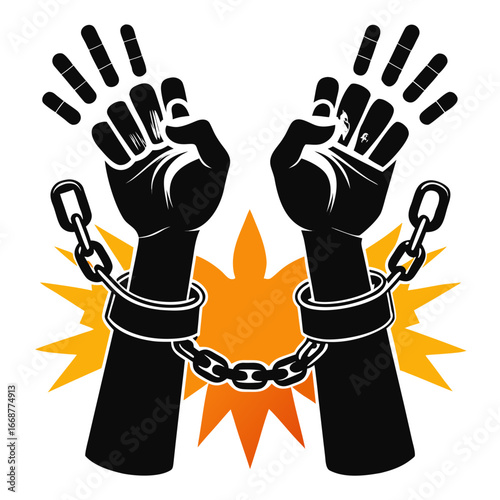 Chains broken, hands raised in triumph, symbolizing freedom and liberation with vibrant energy burst, powerful visual for overcoming obstacles and achieving victory.