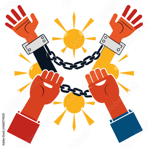 Empowering hands break free from chains toward radiant sunshine, symbolizing liberation, hope, and the dawn of a brighter future for all.