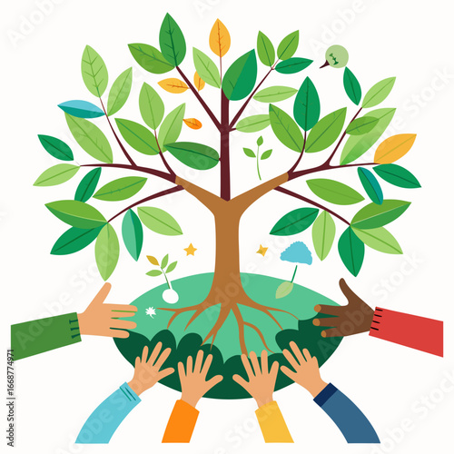 Diverse hands unite to nurture a vibrant tree of life, symbolizing community, growth, and environmental stewardship for a brighter future