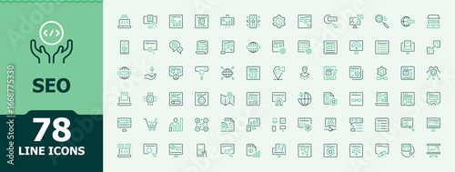 SEO colorful vector line icon set. Contains such symbols as search, marketing, target, web, copywriting and more. Minimalist icons collection. Search modern icon set. Signs for web and mobile app.