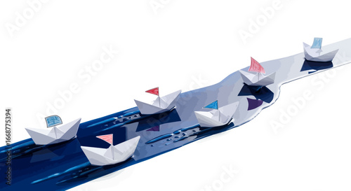 A fleet of colorful origami boats navigating a conceptual river, symbolizing business competition, strategic leadership, and the journey to success