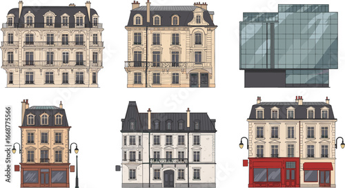Elegant Parisian and European-style architecture, historical vintage buildings, classic facades, modern glass building, street front view, urban architecture collection