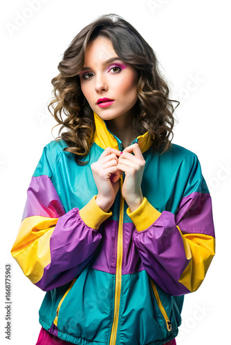 Fashionable young woman with curly brown hair and vibrant 80s jacket, posing with hands on collar, isolated on transparent background