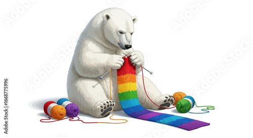 Polar Bear Knitting a Rainbow Scarf A Whimsical Illustration of Craft and Pride