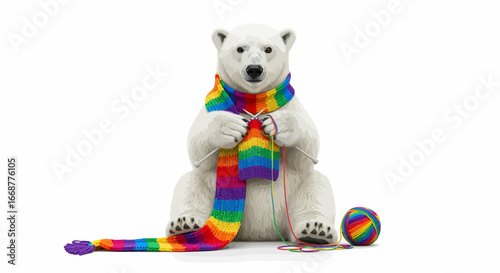A charming polar bear knitting a vibrant rainbow-colored scarf, symbolizing warmth, creativity, and the joyful spirit of handcrafted comfort